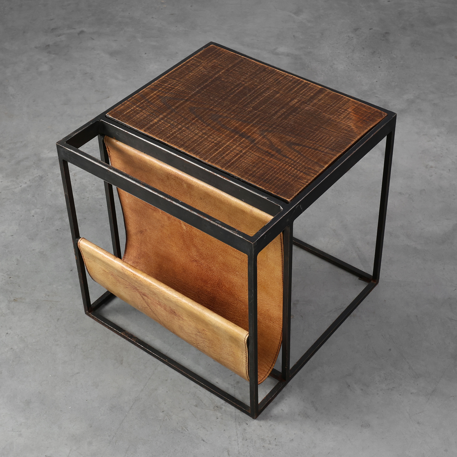 Mid-Century Magazine Holder in Metal, Wood and Leather, Belgium 1960s-img